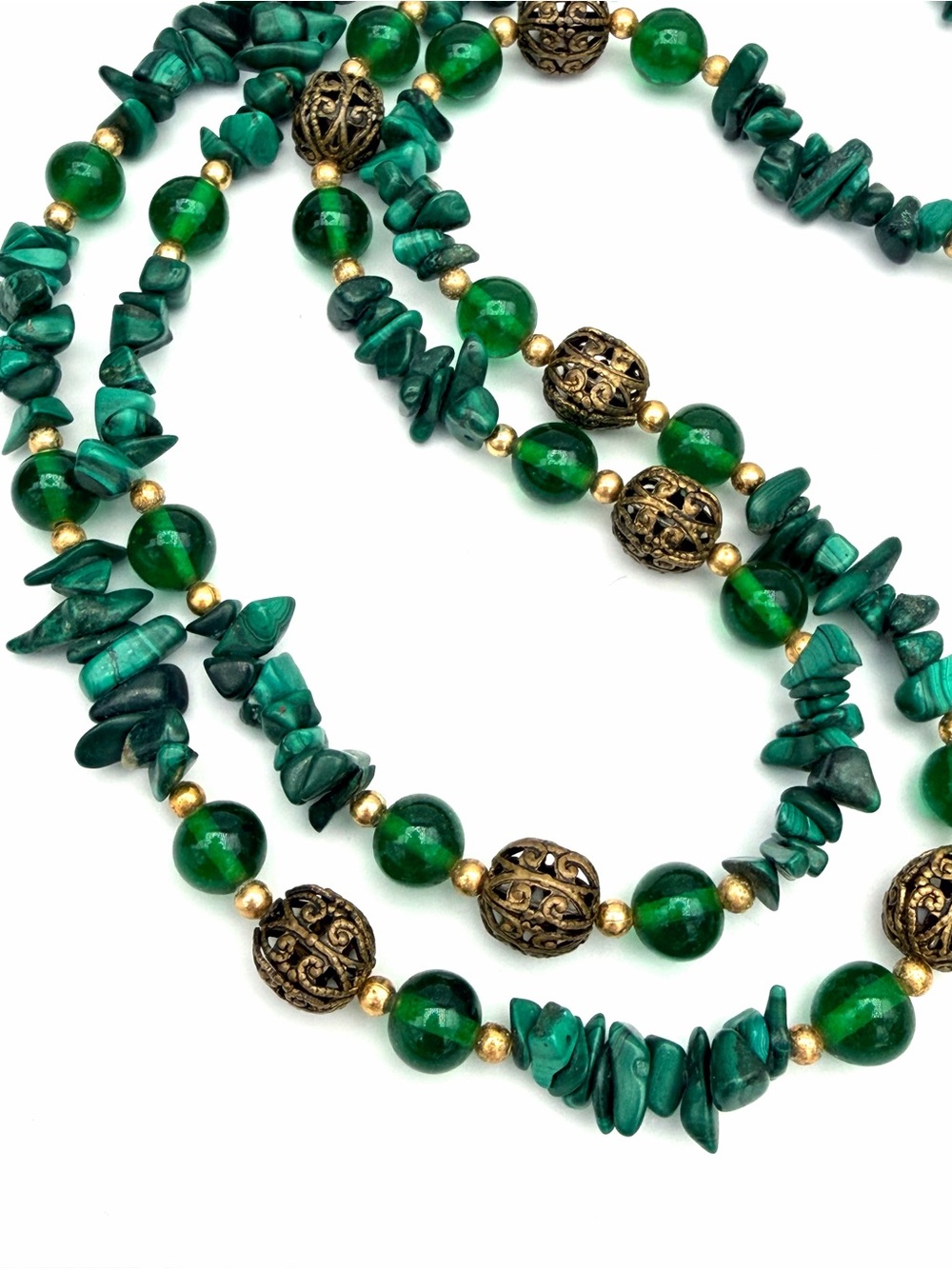 Malachite and Filigree Bead Vintage Necklace Antiqued Gold Accents 30”